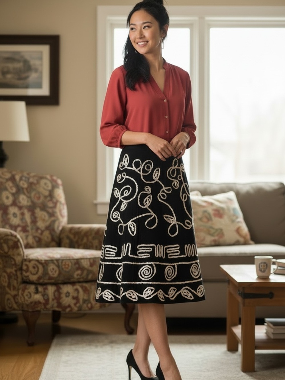 Tweeds Women’s Embroidered Midi Skirt Black & White Floral Linen Blend Lined